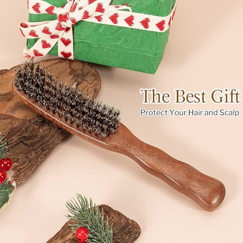 STYLEMATE Boar Bristle Slick Back Hair Brush | Medium/Sof Bristle Hair Brush for Thin & Fine Hair, Smoothing Hairbrush for Women Men Kid, Lightweight Sapele Wooden Handle - size: Medium