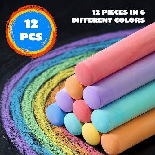JOYIN 12 PCS Washable Sidewalk Chalks Set Non-Toxic Jumbo Chalk for Schools, Outdoor Art Play, Paint on Chalkboard, Blackboard and Playground (6 Colors)