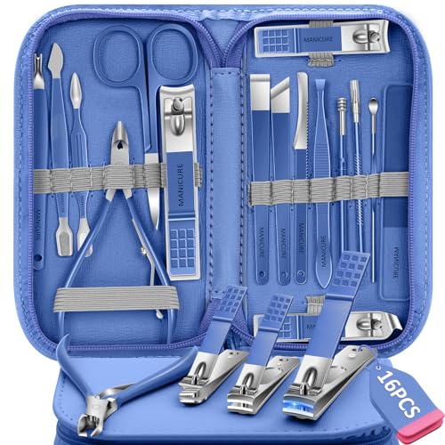 Manicure Set 16Pcs Nail Clippers Set Manicure Kit Professional Stainless Steel Pedicure Kit Nail Care Kit for Women Men with Luxurious Travel Bag, Suitable for Home, Travel, and Salon (Blue) - color: 16Pcs-Blue