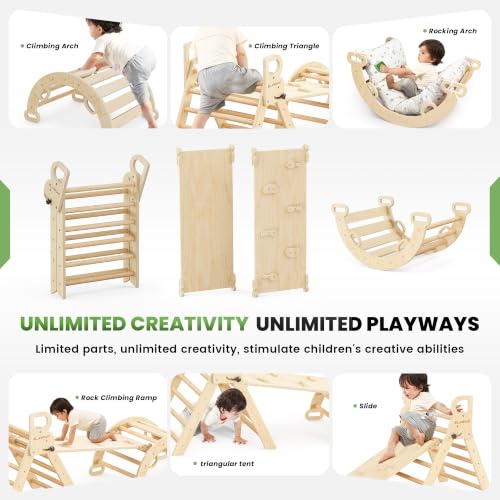 BlueWood Pikler Triangle Set with Cushion, Wooden Climbing Toys for Toddler | Foldable 8-in-1 Montessori Philosophy Toddler Climbing Toys Indoor with Reversible Ramp, Arch and Ladder - Natural Wood - color: Natural Wood