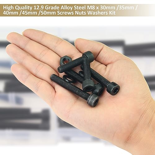 72 Pieces Black M8 x 30/35 /40/45 /50 mm Hex Socket Head Cap Screws Nuts Washers Assortment Kit, 12.9 Grade Alloy Steel - size: M8 x 30/35/40/45/50mm, style: Socket Head