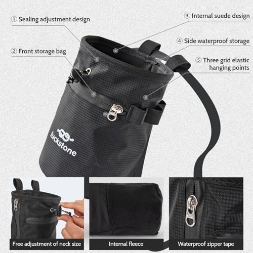 Climbing Chalk Bag 5x7.5 Fleece-Lined Waterproof 420D Oxford Chalk Bag with 24-43" Waist, Drawstring, Brush & Zipper Pockets for Men Women