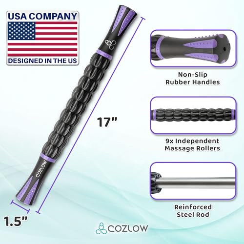 Muscle Roller Stick - Black Purple - Hand Held Body Massager with 9 Rollers & Non-Slip Handles - Deep Tissue Massage & Maximum Muscle Recovery - Leg, Back, Arm, Thigh, Butt Sculpting Tool - by Cozlow - color: Black Purple
