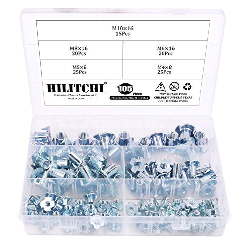 Hilitchi 105-Pcs M4 5 6 8 10 Zinc Plated Steel T Nuts Four Claw Nuts Assortment Kit for Wood Rock Climbing Holds Cabinetry Furniture