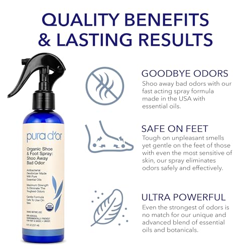 PURA D'OR Organic Shoe & Foot Odor Eliminator Spray (8oz) Deodorizes & Removes Bad Smells with Eucalyptus, Peppermint, Tea Tree, Lemongrass Essential Oil, Maximum Strength (Packaging may vary)