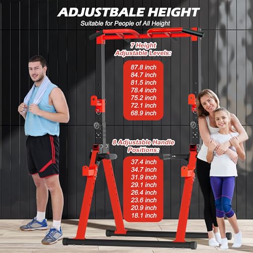Foldable Power Tower Pull Up Bar Station, Adjustable Height | 700lbs Loading,Free Standing Pull Up Power Tower Station,Portable and Space Saving,fits Woman and Man, Mulit-grips, - color: Red