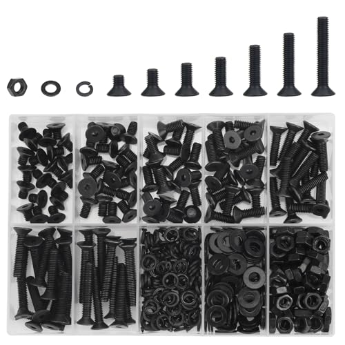 DYWISHKEY 386 Pieces M4 Black Screws, 10.9 Grade Alloy Steel M4x 6/8 /10/12 /16/20 /25mm Countersunk Head Socket Cap Screws Bolts Nuts Washers Assortment Kit - size: M4, style: Countersunk Head Socket Cap