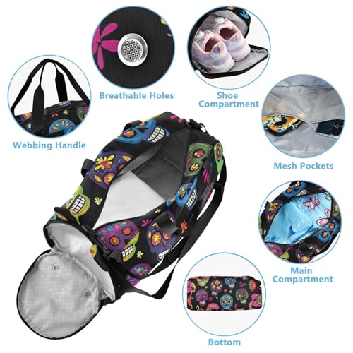Kids Sports Duffel Bag for Boys & Girls - Day Of The Dead Sugar Skull 100% Polyester Gym Bag with Separate Shoe Compartment, Adjustable Shoulder Strap, Compact Travel & Workout Gear Bag - color: Day Of The Dead Sugar Skull