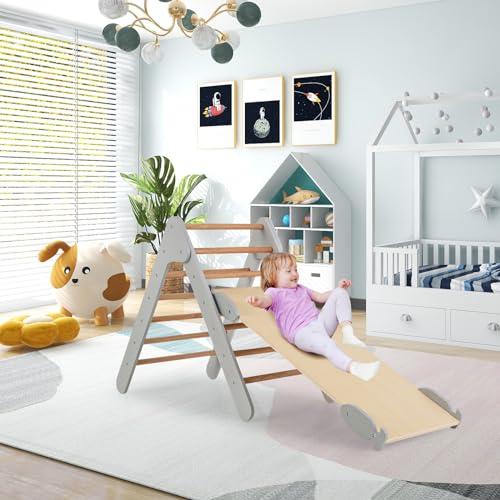 COSTWAY Climbing Triangle with Slide, Indoor Climbing Frame from 1 Year, Rung Triangle Climbing Ramp Made of Wood, for Climbing & Sliding (Grey)