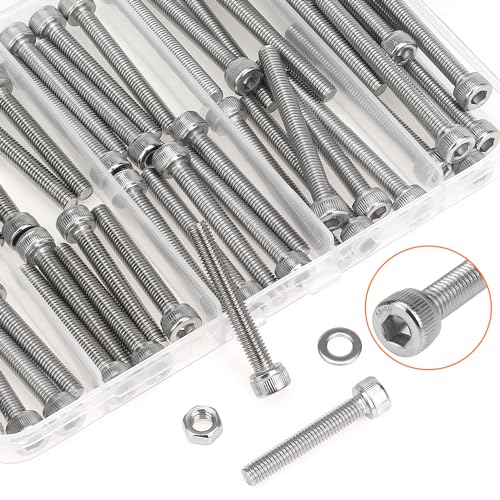 HELIFOUNER 90 Pieces M5 x 30mm /35mm /40mm /45mm /50mm, Hex Socket Head Cap Screws Bolts Washers Nuts Kit with Hex Wrench, 304 Stainless Steel - size: M5 Long Screw Kit (90 PCS)