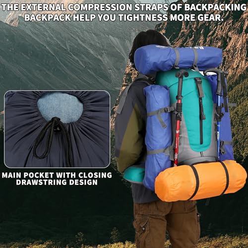75L Hiking Backpack with Rain Cover Waterproof Camping Backpack Shoes Warehouse for Men Women, Frameless - color: Lakeblue, size: 60L