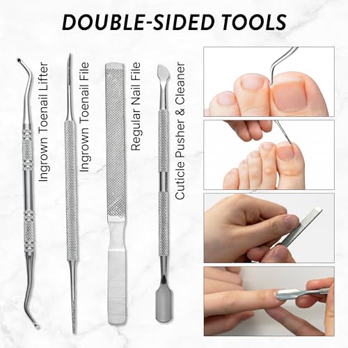 Ingrown Toenail Clippers for Seniors Thick Toenails, 7 Pcs Heavy Duty Large Pedicure Toe Nail Clipper Set with Wide Opening, Includes Nail Cutter, File, Lifter, Cuticle Pusher, Travel Case - color: 7 Pcs Set (360° Clippers + Cuticle Clipper)