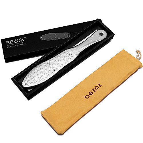 BEZOX Professional Foot File Callus Remover, Double Sided Pedicure Rasp for Cracked Heel and Dead Foot Skin - Heavy Duty Surgical Grade Stainless Steel - W/Cloth Storage Bag & Gift Box - style: Silver
