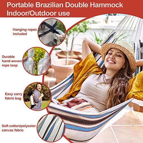 JoyView Brazilian Hammock for Single Person - Portable Cotton Hammock with Hanging Ropes & Carry Bag - 78.8x39.4' - 300LBS Capacity - Red & Green Stripes - color: Red & Green Stripes