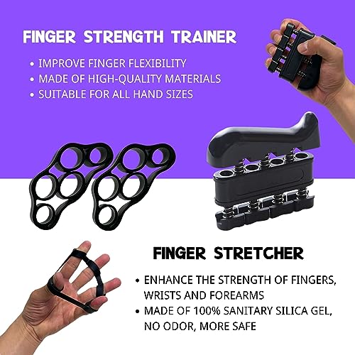 Hand Grip Strengthener Workout Kit (8 Pack) Forearm Grip Adjustable Resistance Hand Gripper, Finger Stretcher, Finger Exerciser, Grip Ring，Gyro Ball (black)