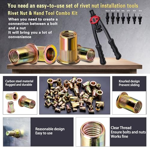 ASKWAY Pressure Rivet Nut Tool Kit, 750PCS Metric Rivet Nut Combination | Metric Carbon Steel Rivet Nut (M12/M10/M8/M6/M5/M4/M3)Rivet Nut Installation Tool Included - color: 750PCS Carbon Steel