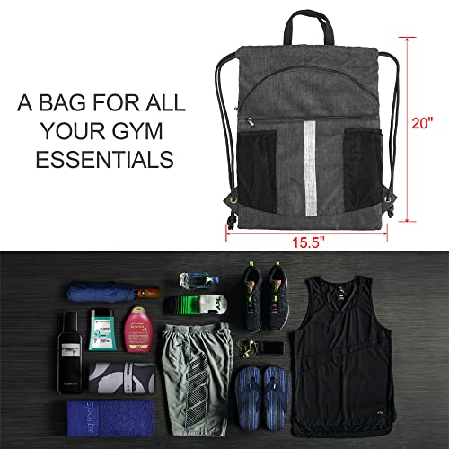 BeeGreen Drawstring Backpack Bag with Shoe Compartment, X-Large Black Gym Sports String Cinch Backpack - color: Mix Black