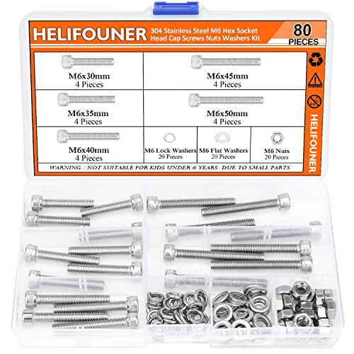 HELIFOUNER 80 Pieces M6 x 30mm /35mm /40mm /45mm /50mm, Hex Socket Head Cap Metric Screws Bolts Washers Nuts Kit, 304 Stainless Steel - size: M6 x 30/35/40/45/50mm
