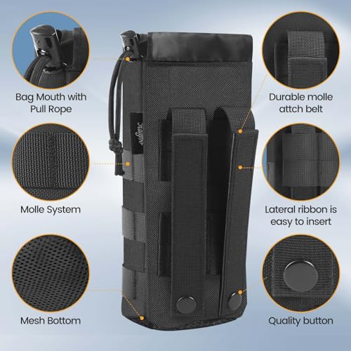 Molle Water Bottle Holder, Upgraded 1000D Nylon Tactical Molle Water Bottle Pouch, Sports Water Bottle Bag Bottom Mesh Lining Hydration Carrier for Camping, Climbing, Hiking and Travelling - color: Black-2pack