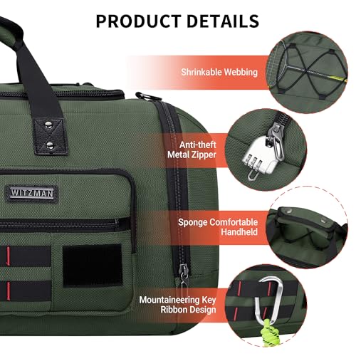 WITZMAN Duffle Bag for Men 3 in 1 Convertible 45L Nylon Gym Travel Backpack | Multi-pockets with Shoe Compartment and Dry-wet Pocket, One Duffel Bag for Sports, Weekender, Overnight, B693 Army Green - color: Army Green