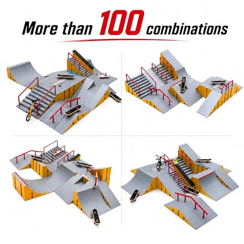 Finger Skateboard Park Kit for Kids, 14-in-1 Mini Skatepark Ramp Set with Half Pipe, 8 Finger Skateboards & Finger Bike, Ramp Accessories Toy Gifts for Boys Girls Ages 3+ - color: 14in1-yellow