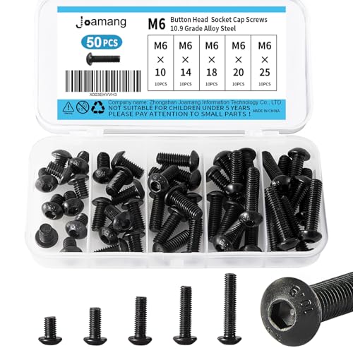 M6 x 10mm 14mm 18mm 20mm 25mm Button Head Socket Cap Screws Bolts, 10.9 Grade Alloy Steel, Black Oxide Finish, Metric Allen Hex Drive, Fully Threaded, Assortment Kit 50Pcs - size: Button M6x10-25 mm