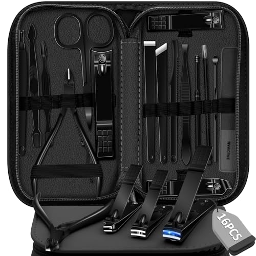 Manicure Set 16 In 1 Professional Stainless Steel Pedicure Kit Toenail Clippers Set Mens Grooming Kit Fingernail Kit for Women with Luxurious Travel Bag, Suitable for Home, Travel, and Salon (Black) - color: 16Pcs-Black