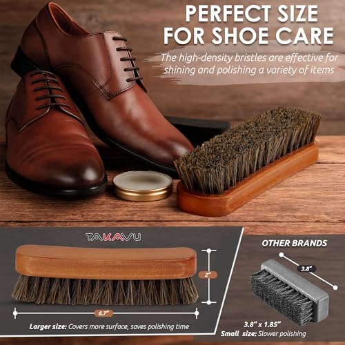 TAKAVU Shoe Brush 100% Genuine Horse Hair, Won't Scratch Leather (2pcs) | Horsehair Shoe Shine, Buff & Polish Brush for Boots, Dress Shoes, Bags, Belts & Furniture, Concave Wood Handle - size: 2pcs