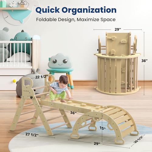 BlueWood Pikler Triangle Set with Safe Handle, Climbing Toys for 1-3 Year | Foldable 7-in-1 Montessori Toddler Climbing Toys Indoor, Wooden Pickler Climbing Set, Baby Jungle Gym & Playground, Natural - color: Natural Wood
