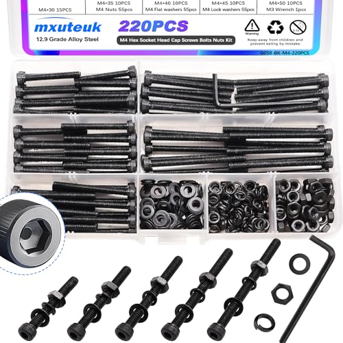 mxuteuk 220PCS M4 Screws Assortment Set,M4 x 30/35/40/45/50mm Hex Socket Head Cap Screws Bolts Nuts Kit,12.9 Grade Alloy Steel M4 Bolts with Hex Wrench - size: 220PCS M4 x 30/35/40/45/50mm, style: Hex Socket Head