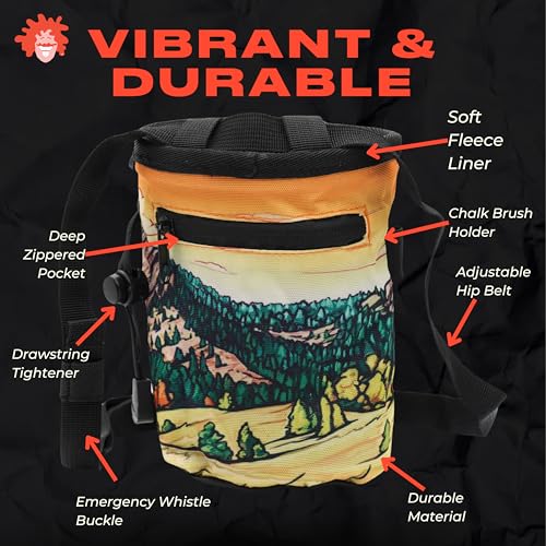 Rock Climbing Chalk Bag | for Outdoor, Gym, & Bouldering | Adjustable Waist Belt, Durable Drawstring Closure, & Zippered Pocket - style: Flat Irons