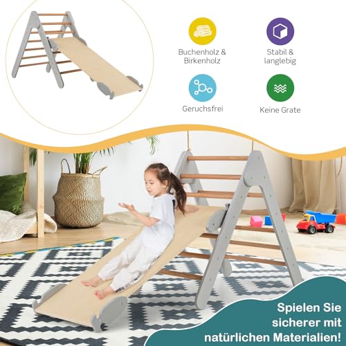 COSTWAY Climbing Triangle with Slide, Indoor Climbing Frame from 1 Year, Rung Triangle Climbing Ramp Made of Wood, for Climbing & Sliding (Grey)