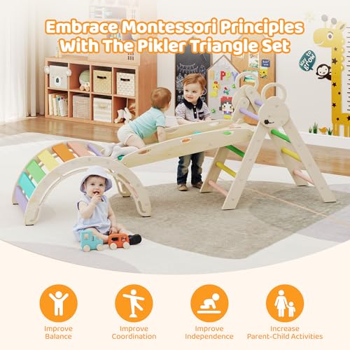 Pikler Triangle Set, 7-in-1 Foldable Toddler Climbing Toys, Indoor Playground for Kids, Montessori Climbing Set Gift, Wooden Baby Jungle Gym, for Toddlers 1-3 (Rainbow) - size: 7-in-1