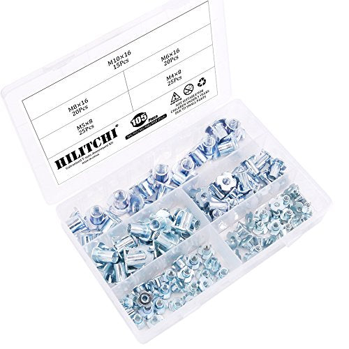 Hilitchi 105-Pcs M4 5 6 8 10 Zinc Plated Steel T Nuts Four Claw Nuts Assortment Kit for Wood Rock Climbing Holds Cabinetry Furniture