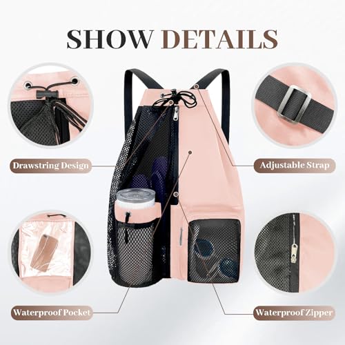 Beach Backpack with Wet Pocket Drawstring Mesh Beach Bag Waterproof Swimming Pool Backpack for Men and Women - color: Pink