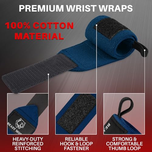 TECEUM Elastic Cotton Weightlifting Wrist Wraps with Thumb Loops, 1 Pair - color: Navy Blue, style: 12" – Beast Mode