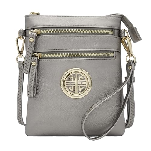 Solene Small Multi Zipper Pockets Crossbody Bag with Detachable Wristlet - color: Light Pewter