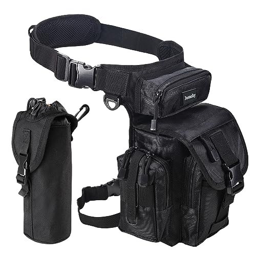 Jueachy Drop Leg Bag for Men Tactical Metal Detecting Thigh Pack with Water Bottle Pouch - color: Black