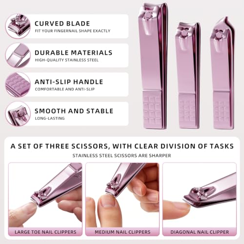 Manicure Set, Stainless Steel Nail Clipper Set with Travel Case | 12-Piece Set with Thicker Steel, Precision-ground Cutting Edges, and Smooth-finished Tools for Clean, Precise Trimming. - color: Rose Purple