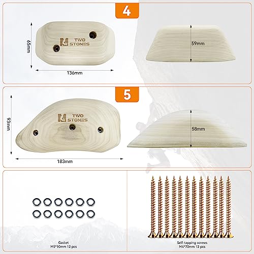 TWO STONES Wooden Rock Climbing Holds for Adults | Wood Rock Wall Climbing Holds | Variety Screw On Climbing Hold Grips Set with Mounting Hardware (HD5in1-B)
