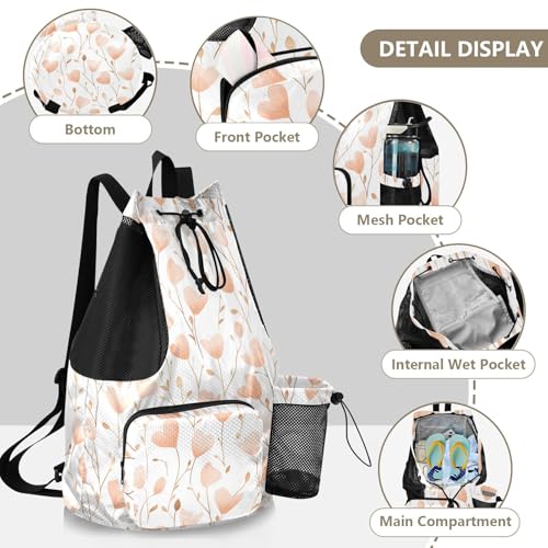 Drawstring Backpacks Climbing Gym Bag With Water Bottle Pocket Cinch Sack Waterproof Bluebell Rose Gold and White