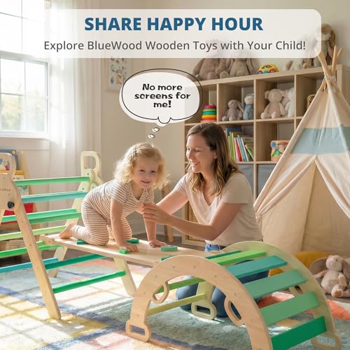 BlueWood Pikler Triangle Set, Toddler Climbing Toys Indoor 7in1 Foldable | Wooden Climber for Kids, Montessori Philosophy Play Jungle Gym with Arch, Ramp, Ladder (Green Summer) - color: Green Summer