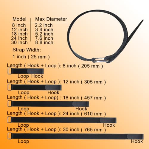 8"12"18"24"30" Hook and Loop Fastening Cable Strap - 30 Pack Reusable Nylon Extend Securing Strap - Adjustable Cinch Strap with Buckle - size: 1 x ( 8+12+18+24+30 ) in