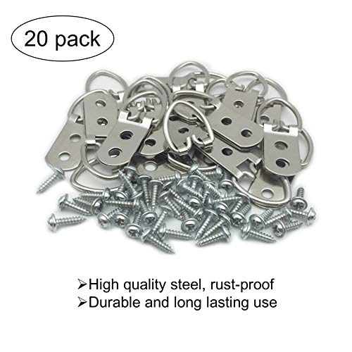 20 Pack D-Ring Steel Picture Hangers Heavy Duty with Screws Picture Frames Double Holes Clasp Picture Hang Solutions, for Hanging Clock Paintings Artwork Picture Frame Hook Photos Mirrors (Silver) - size: 20 Pack-Double hole