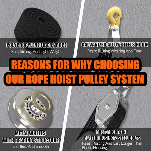 YATOINTO Rope Hoist Pulley System, 4400LB Block and Tackle Pulley System, 8:1 Lifting Power 65ft, Pulley Block for Lifting Loading Pulling with 1 Swing Hanger 2 Screws 2 Expansion Bolts - color: black, size: UPGRADED-4wheels+swing hanger