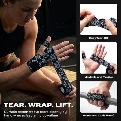 WOD Nation Weightlifting Hook Grip Tape 23ft Roll - 6 Pack 100% Elastic Sweat & Chalk Proof Thumb Tape for Crossfit, Gym, Weightlifting, Pull Ups, Gymnastics, Rowing, Multi-Sport Grip Protection-Black