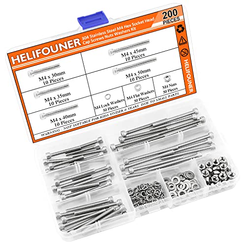 HELIFOUNER 200 Pieces M4 x 30mm /35mm /40mm /45mm /50mm, Hex Socket Head Cap Metric Screws Bolts Washers Nuts Kit, 304 Stainless Steel - size: M4 x 30/35/40/45/50mm