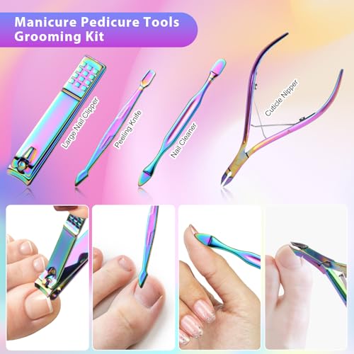 CGBE Nail Clippers Set, Manicure Set Pedicure 12 Pieces Stainless Steel Manicure Kit Professional Grooming Care Tools with Luxurious Travel Case - color: Pink-colorful