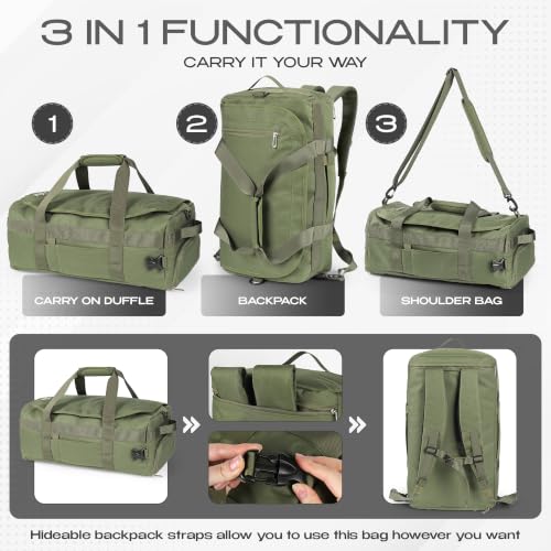 3-in-1 Duffle Bag Backpack with Shoe & Laptop Pocket, Cup Holder, Ventilated Gym & Travel Bag (Dark Green) - color: Dark Green