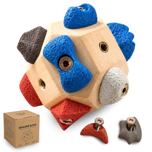 Boulder Block Rock Climbing Grip Trainer - 12 Unique Resin Holds with Color-Guided Training Paths, Premium Wood Finger Strength Trainer for Climbers, Portable Bouldering Gift for Men & Women